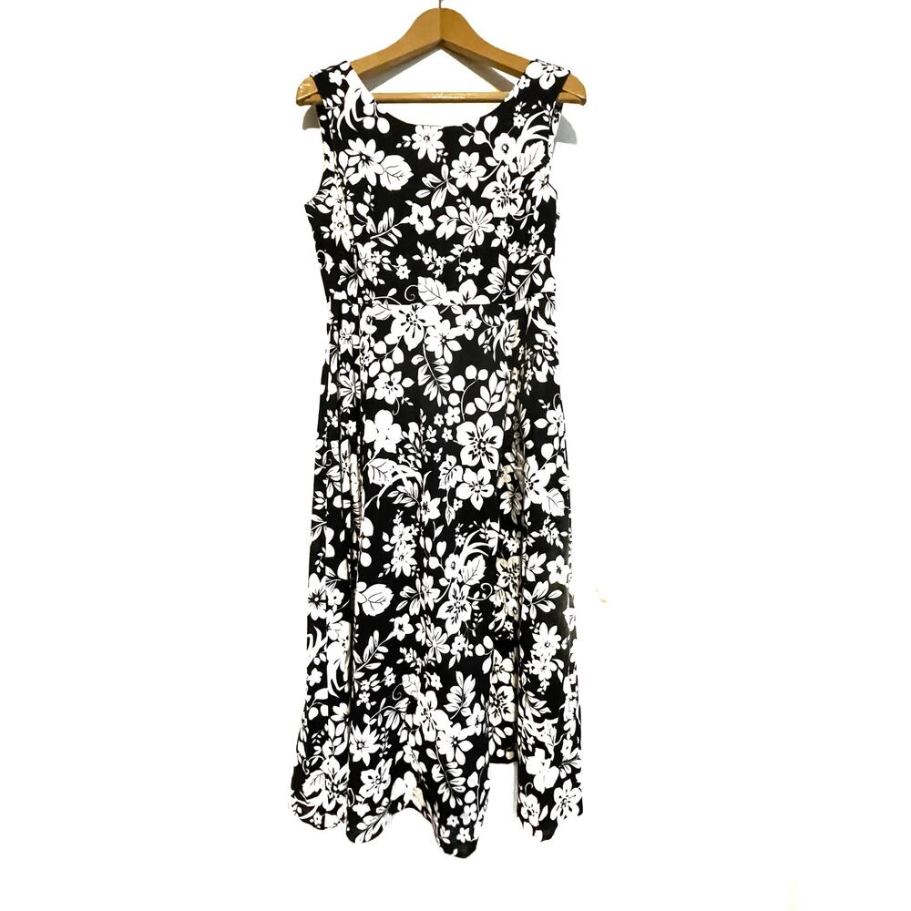Victoria Holley Vintage Black Floral Dress Sleeveless Midi Cotton Pleated 8p